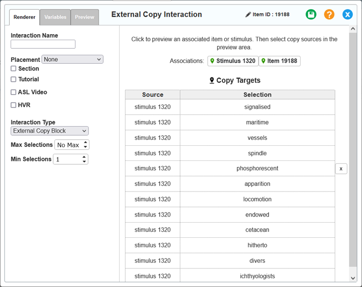 External Copy Interaction Editor window: External Copy Block: Renderer tab